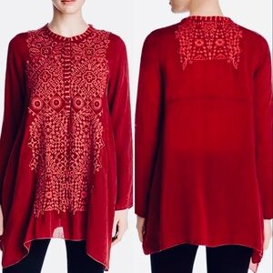 Johnny Was Rona Embroidered Cupro Tunic Top Burgundy Boho Size Medium🧡